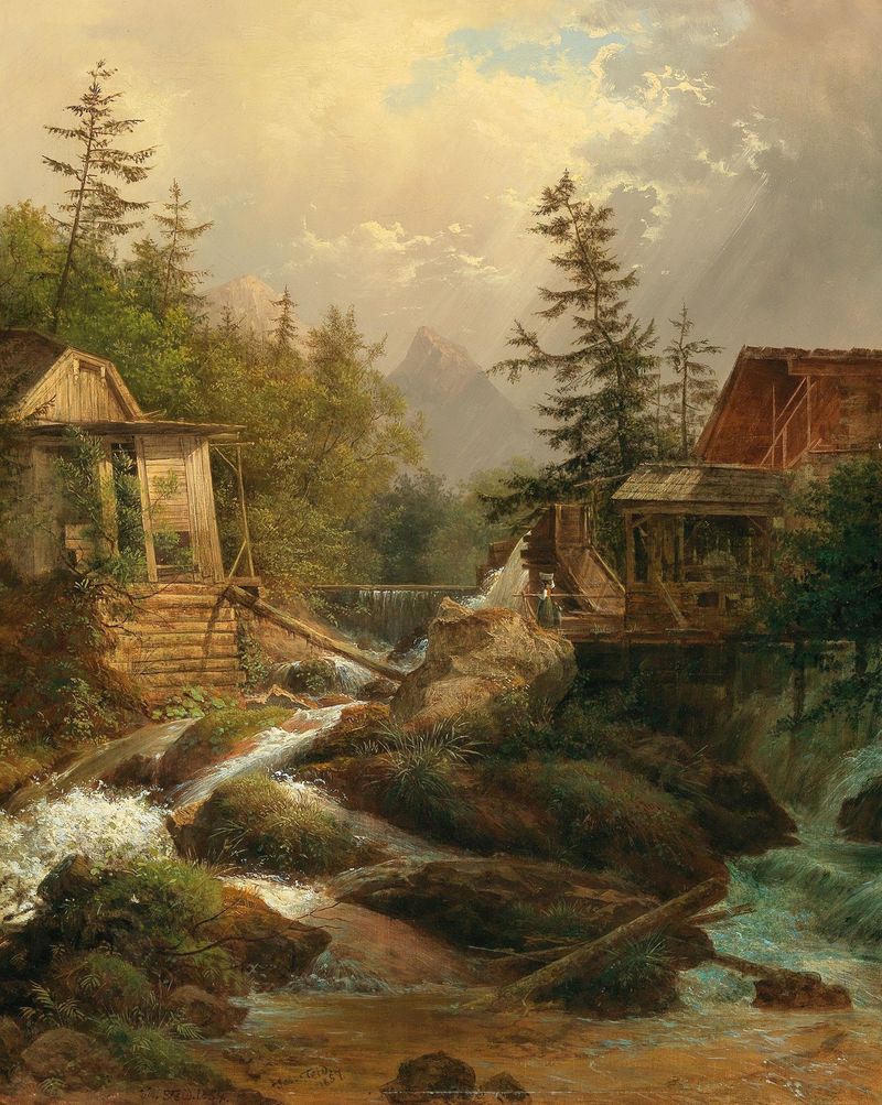 A mountain mill in oil on canvas by Josef Feid, featuring water and light in a tranquil landscape.