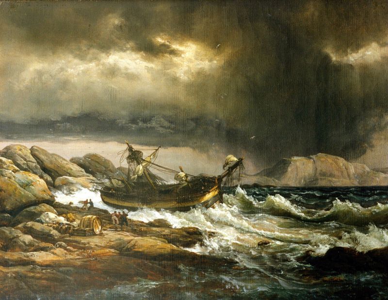 Shipwreck de Johan Christian Dahl, óleo sobre lienzo que representa un mar tempestuoso y un barco naufragado.