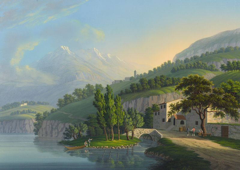 Pintura a óleo de Johann Heinrich Bleuler the Younger com um tranquilo curso d'água e reflexos do crepúsculo