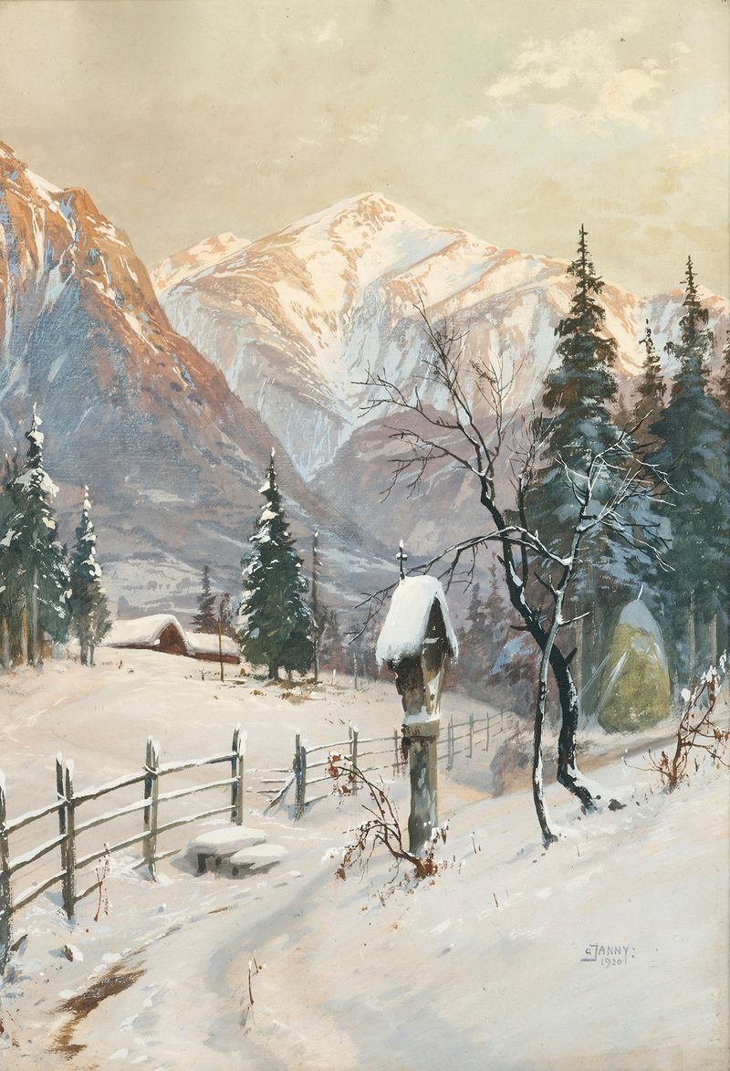 Snowy landscape of Schneeberg mountain by Georg Janny, oil on canvas