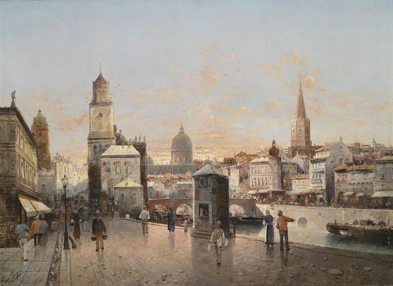 Urban architecture in Stadtansicht by August Von Siegen, oil on canvas