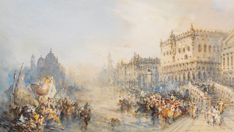 The Fiesta San Marco in Venice by Frank Wasley, impressionism, vibrant blues and golds, intricate architecture