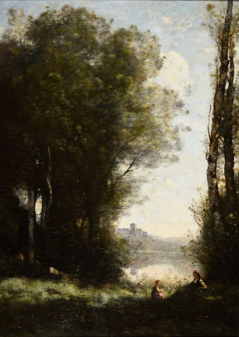 Duas irmãs sob árvores à beira de um lago, óleo sobre tela de Jean-Baptiste-Camille Corot