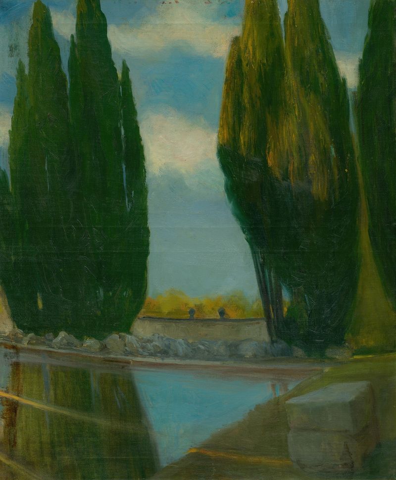 Krajina s jazerom de Ákos Aranyossy, óleo sobre tela retratando um lago sereno e montanhas distantes