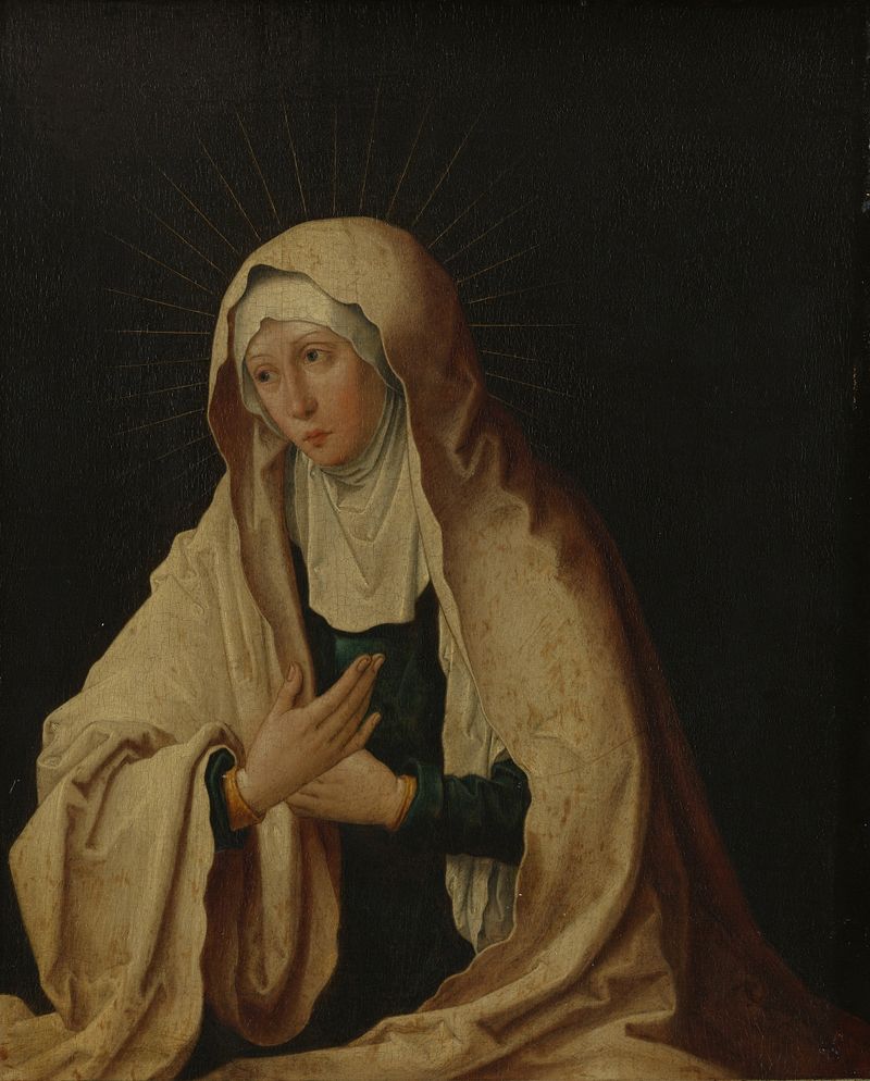 Virgem Maria, óleo sobre painel de Lucas van Leyden, com expressão serena e ricos trajes