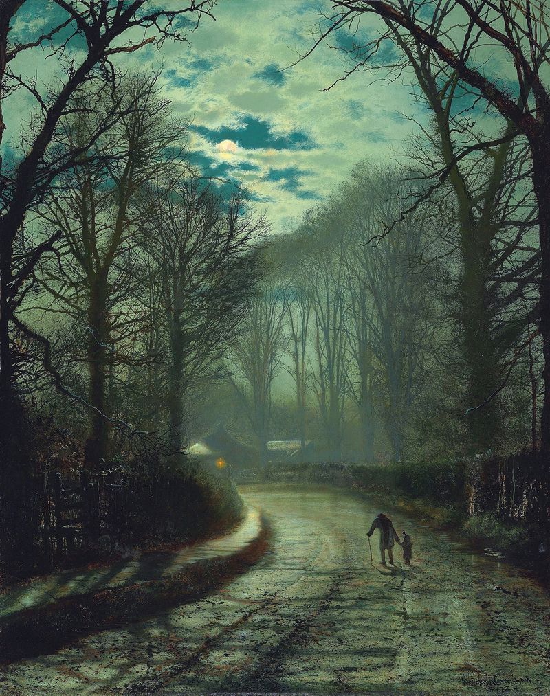 Nearing Home de John Atkinson Grimshaw, pintura al óleo que representa un paisaje al atardecer