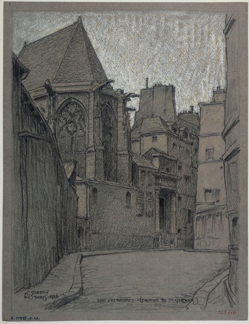 La rue des Barres, óleo sobre tela de Ferdinand Boberg, retratando uma paisagem urbana com luz e sombra.