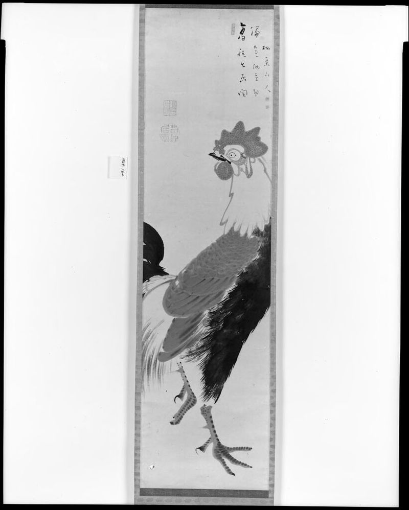 Rooster, by Itō Jakuchū 伊藤若冲, ink on paper, public domain