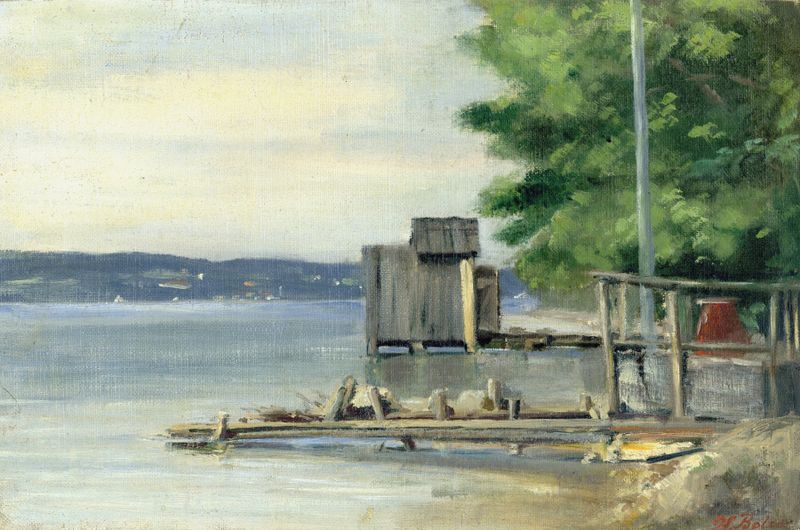 Badehütte am Starnberger See bei Ambach by Carl Bolze, oil painting depicting a wooden bathing hut by a lake.