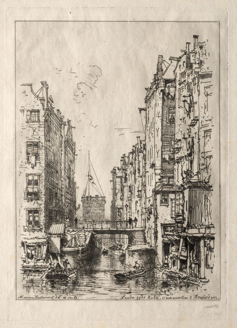 Canal scene in Old Quarter of Amsterdam, oil painting by Maxime Lalanne