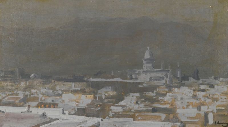 Luz de luna, Tetuán, Marruecos de Sir John Lavery, pintura al óleo que representa un paisaje nocturno tranquilo.