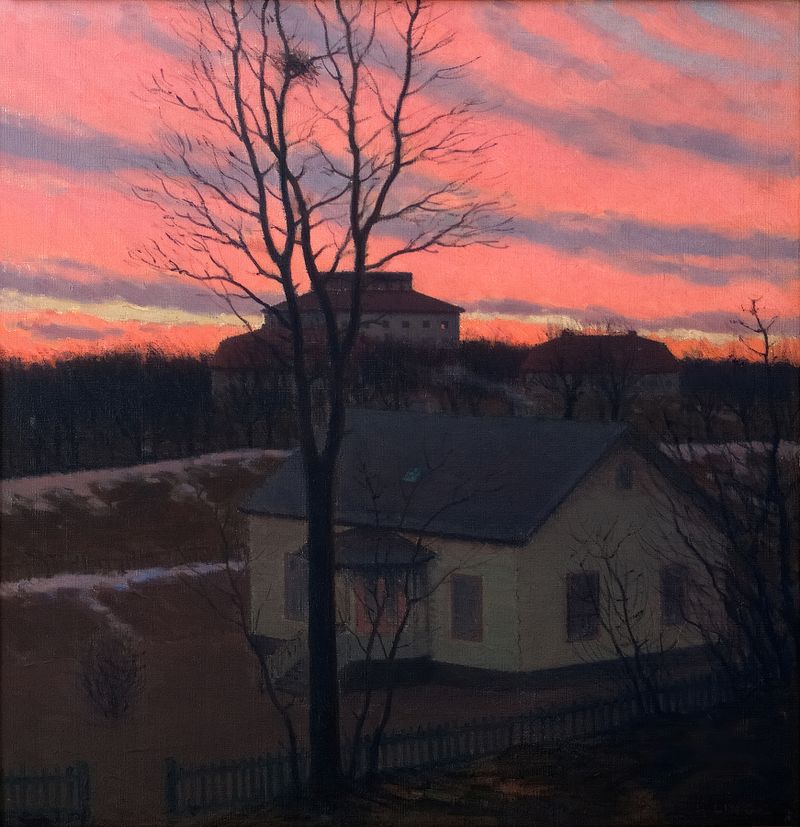 Evening de Hjalmar Linde, pintura a óleo que retrata uma paisagem ao pôr do sol com cores quentes.