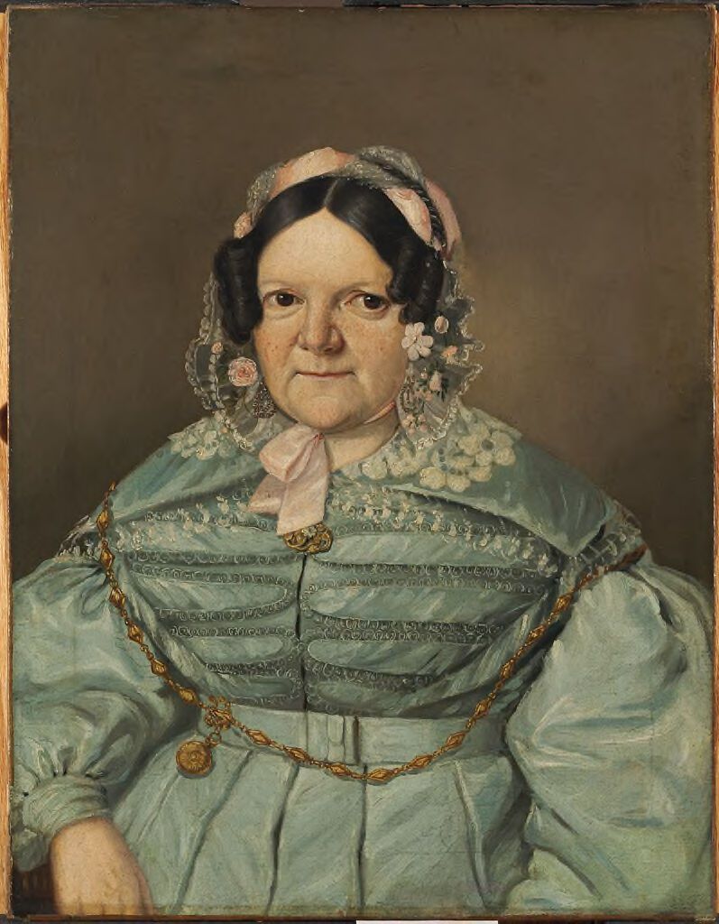 Retrato de uma mulher com um olhar cativante, óleo sobre tela de um artista não identificado.