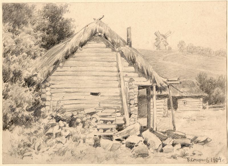Oil on canvas by Boris Vasilievich Smirnov depicting a shed in a village near the Ural Mountains.