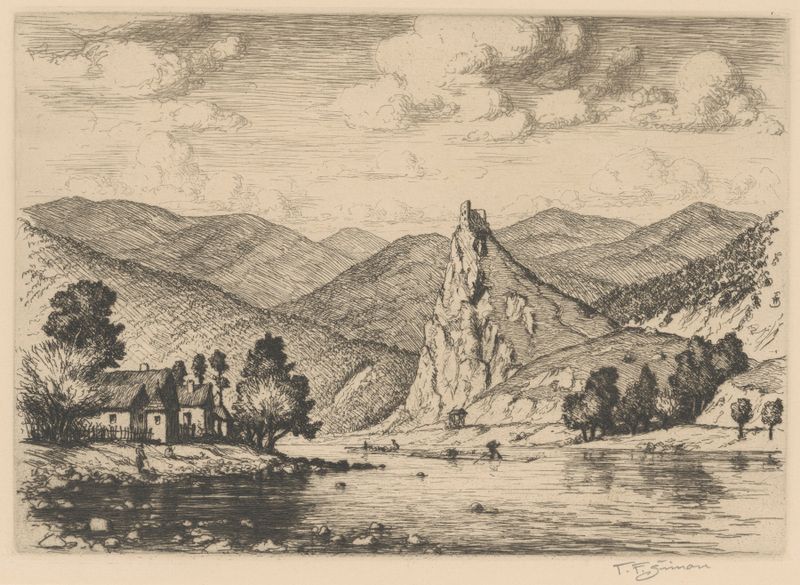 Paisaje de Strečno na Váhu de Tavík František Šimon, óleo sobre lienzo, con un río y acantilados.