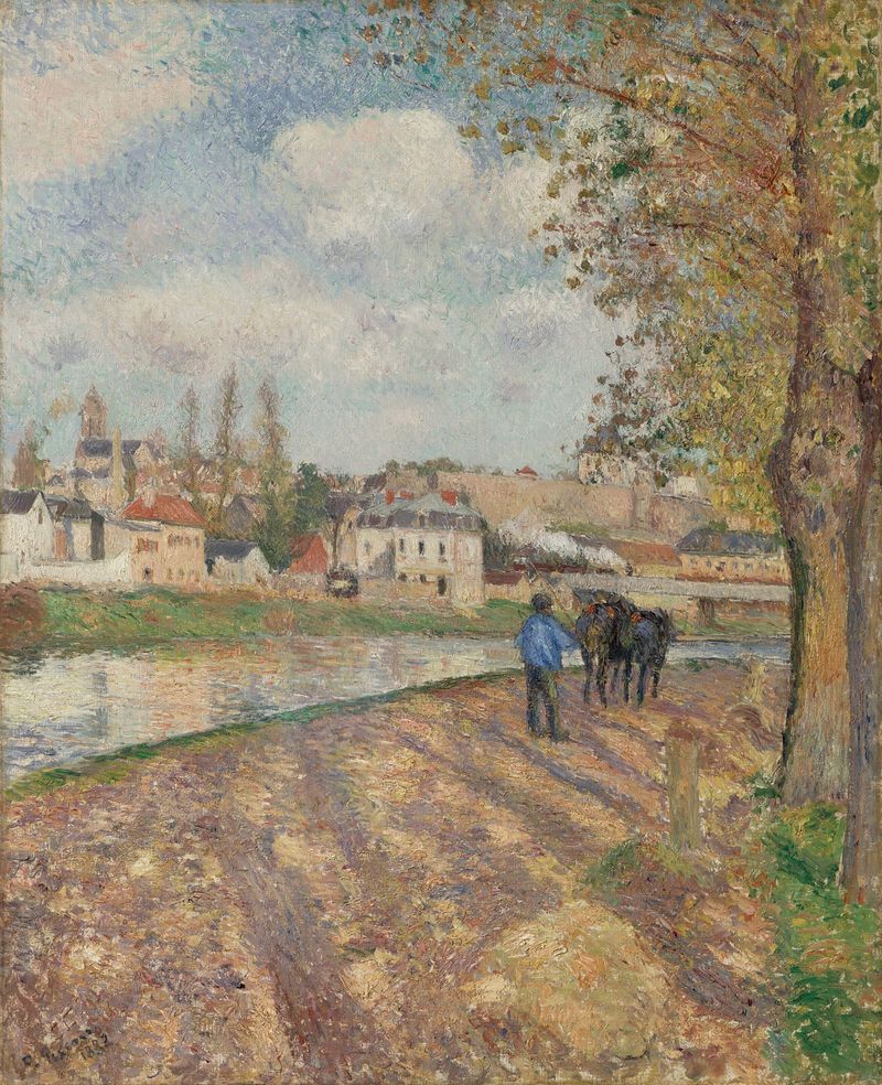 Pintura a óleo de Camille Pissarro apresentando um caminho sinuoso e um rio
