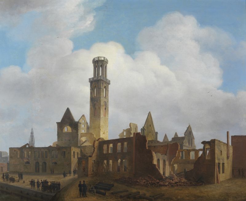 Na de brand van de St.-Michielsabdij de Philippe Jacques Van Brée, óleo sobre lienzo que muestra ruinas y fuego.
