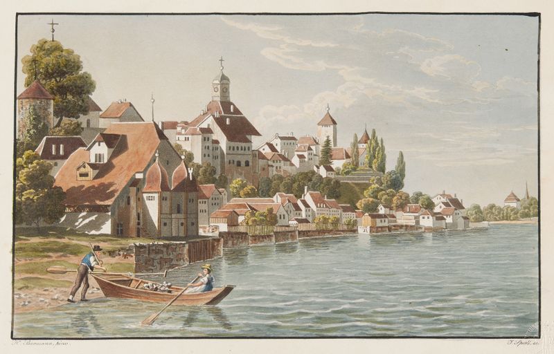 Vue de Morat de Jean Henri Baumann, óleo sobre lienzo que representa un lago tranquilo con suaves olas.