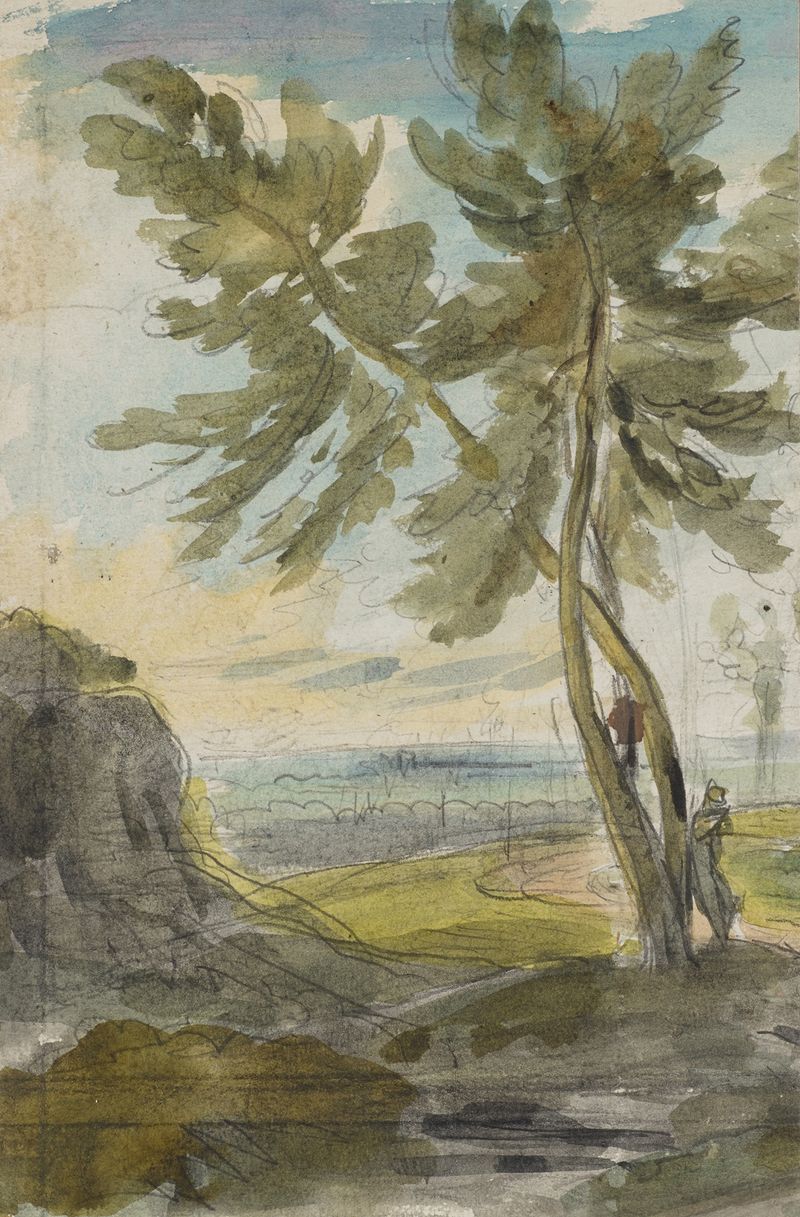 Oil painting by Jakob Christoph Miville depicting two intertwined trees in a landscape