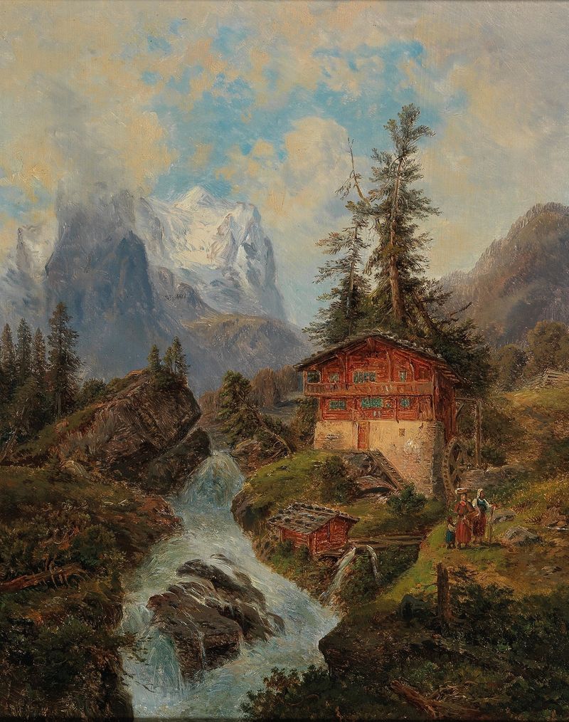Landscape of the Wetterhorn mountain by Gustav Barbarini, oil painting