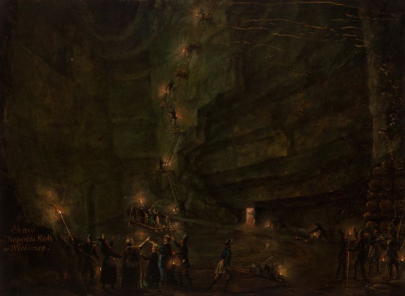 Pond in the Salt Mine at Wieliczka de Teodor Baltazar Stachowicz, pintura a óleo que retrata um lago subterrâneo.