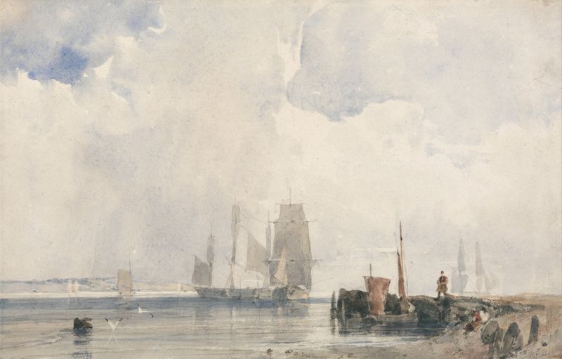 Shipping in an Estuary, Probably near Quilleboeuf, óleo sobre lienzo de Richard Parkes Bonington