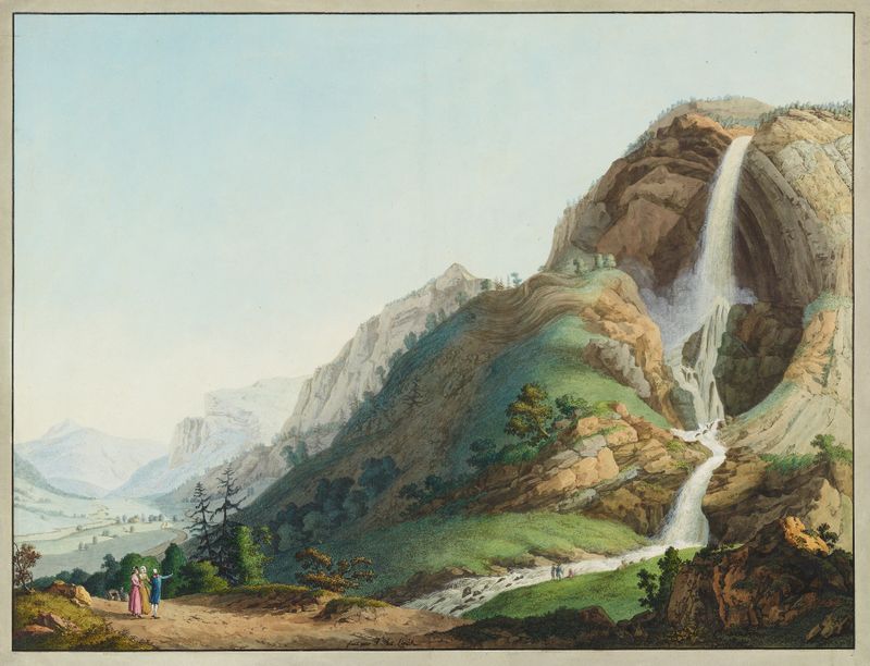 Vue de la Cascade de l’Arpenas by Jean-Antoine Linck, oil on canvas depicting a waterfall and rocky landscape.