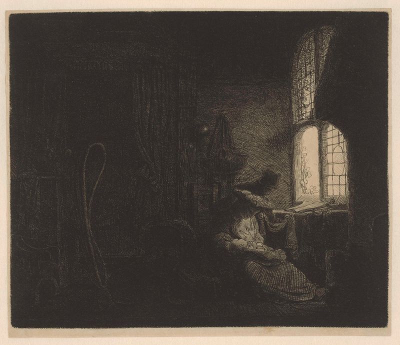 Familie in vertrek, etching by Ferdinand Bol depicting a family departure scene.