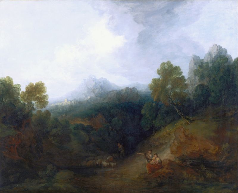 Paisagem com um rebanho de ovelhas, óleo sobre tela de Thomas Gainsborough, apresentando ovelhas e colinas.