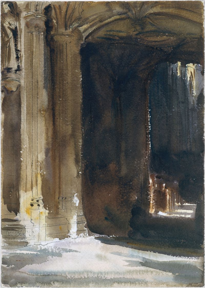 Cathedral Interior de John Singer Sargent, pintura a óleo com colunas intrincadas e vitrais.
