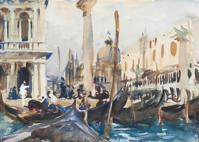 The Piazzetta with Gondolas by John Singer Sargent, oil painting depicting gondolas on water
