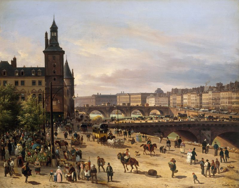 Oil painting by Giuseppe Canella featuring a bustling Parisian market with flowers and architecture.