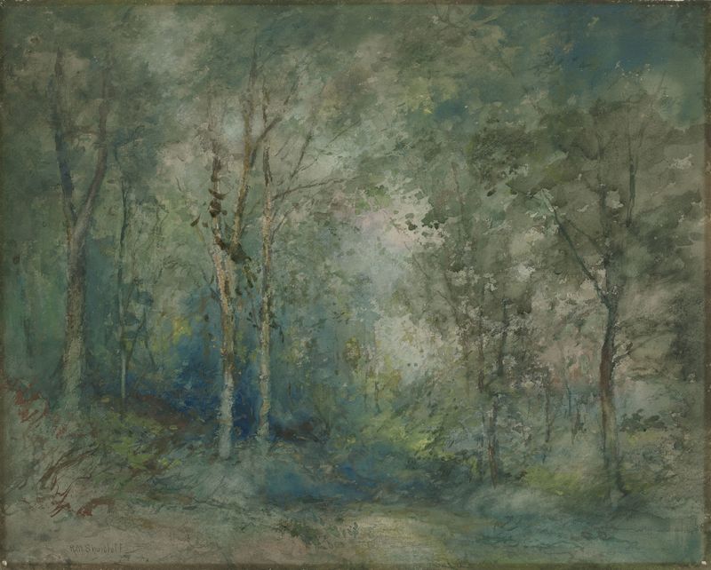 Pintura de paisagem a óleo de Roswell Morse Shurtleff mostrando verdes vibrantes e um céu de verão