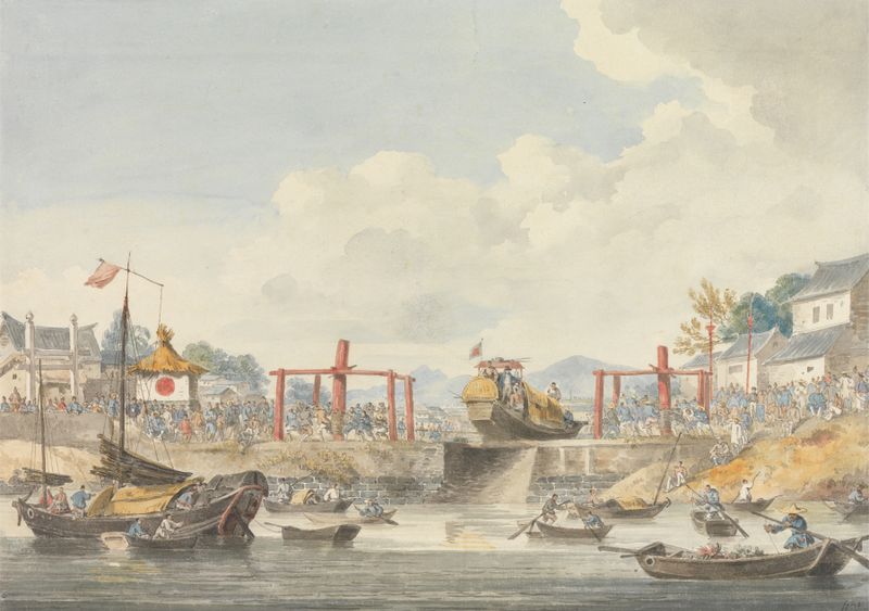 Barges on a canal under a luminous sky, by William Alexander, oil painting.