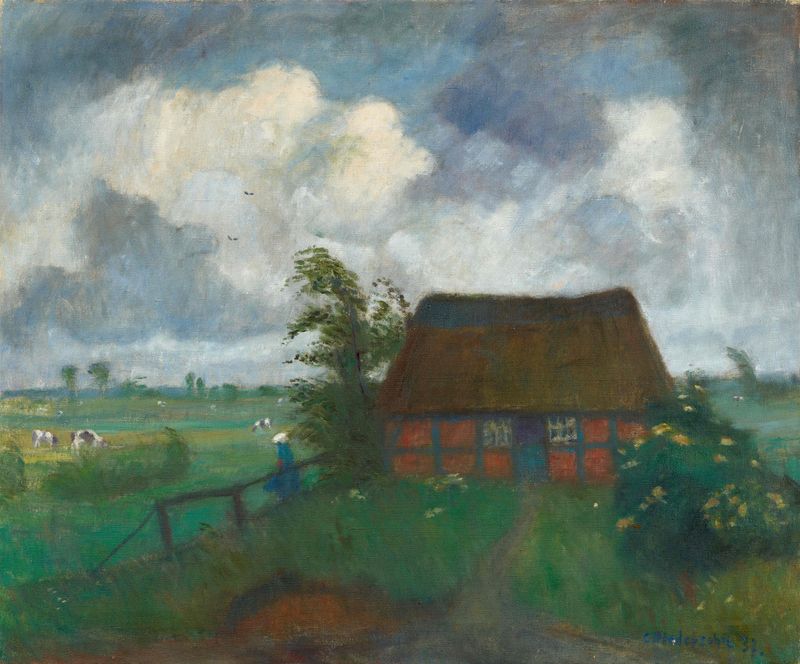 Landscape with storm clouds over a meadow, oil on canvas by Otto Modersohn