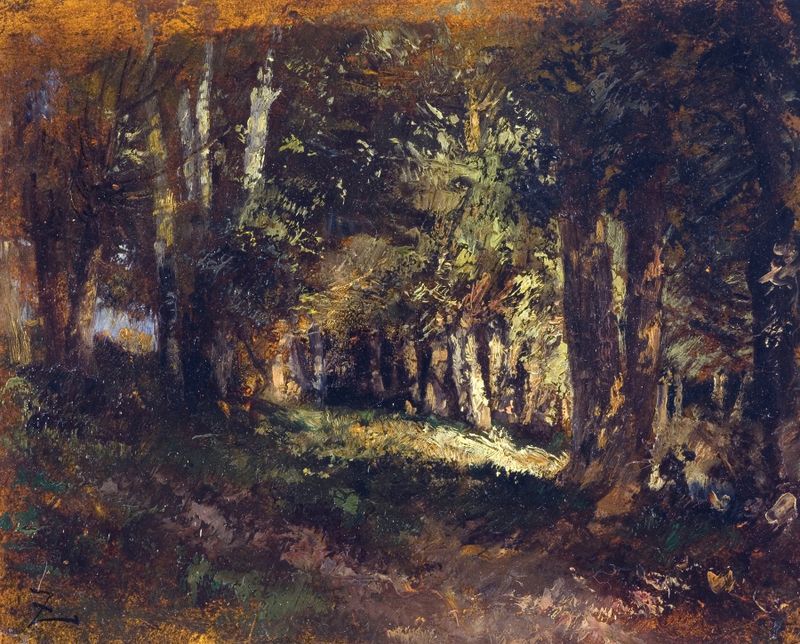 La forêt de Félix Ziem, pintura a óleo que retrata uma floresta com raízes de árvores intrincadas e luz filtrada.
