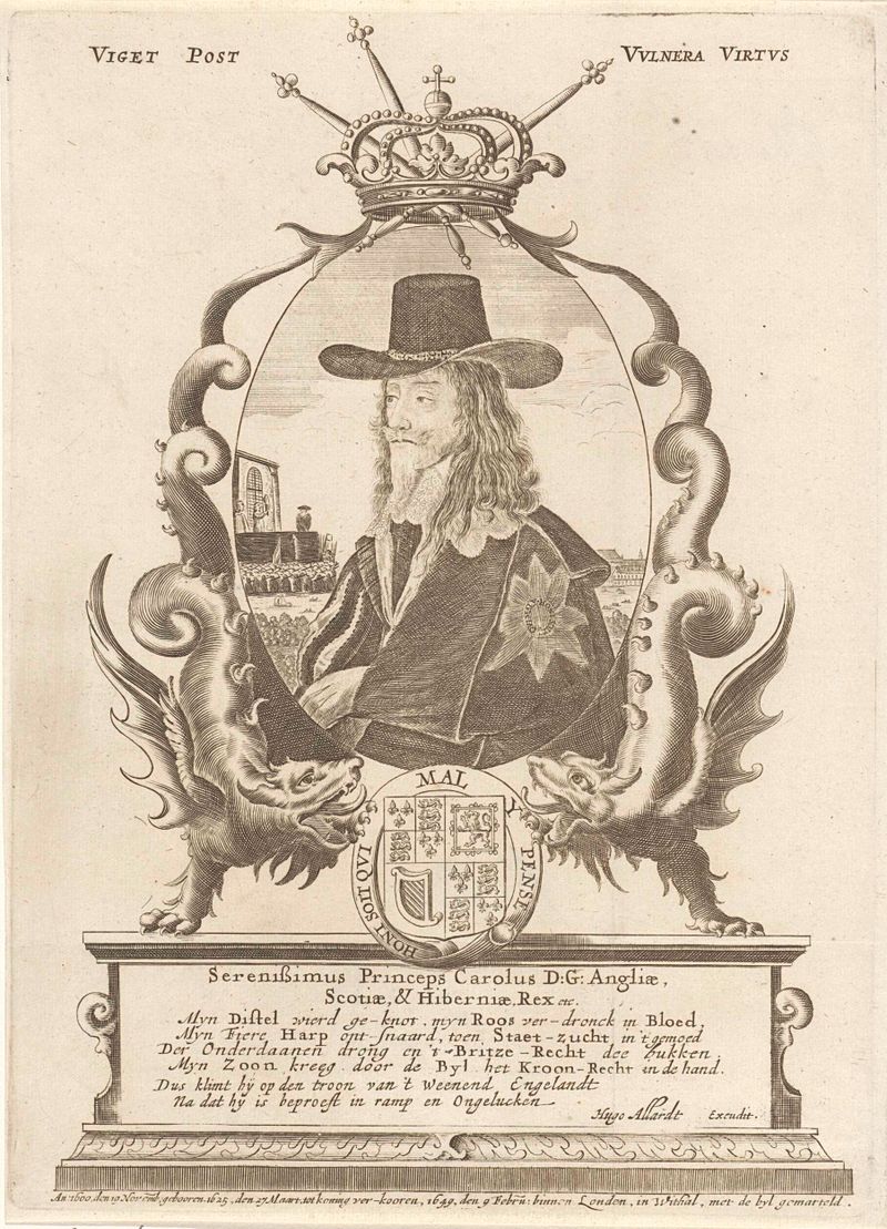 Grabado del rey Carlos I por Unknown Artist, con tonos profundos de azul y oro