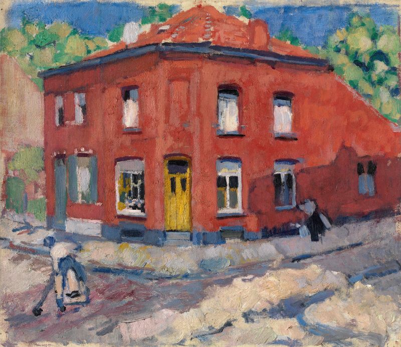 Post-Impressionism oil painting by Rik Wouters featuring a red house in late snow