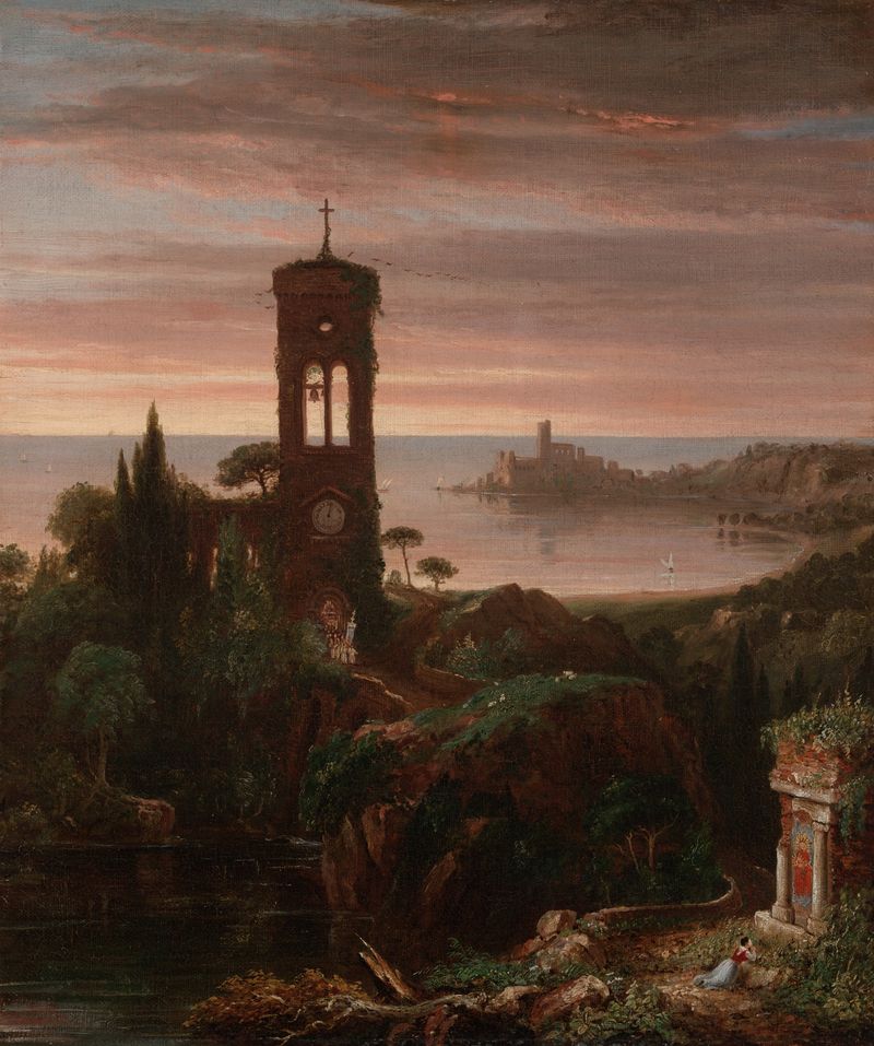 The Vesper Hymn de Thomas Cole, retratando uma paisagem ao pôr do sol com figuras em reverência, pintura a óleo