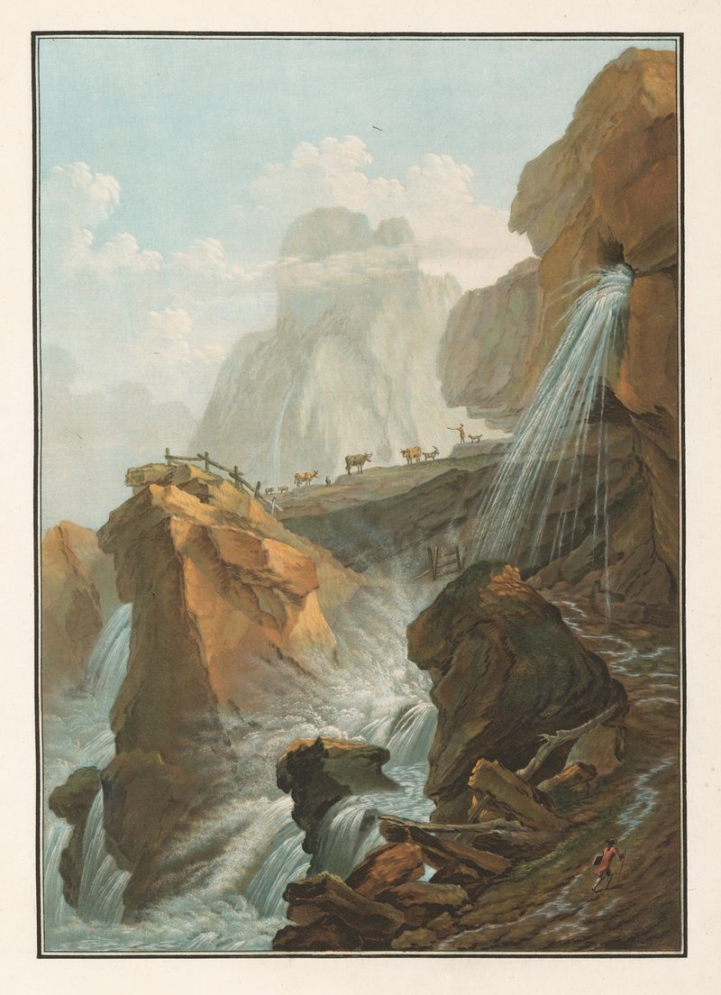 Cascada que cae por acantilados, pintura al óleo de Caspar Wolf