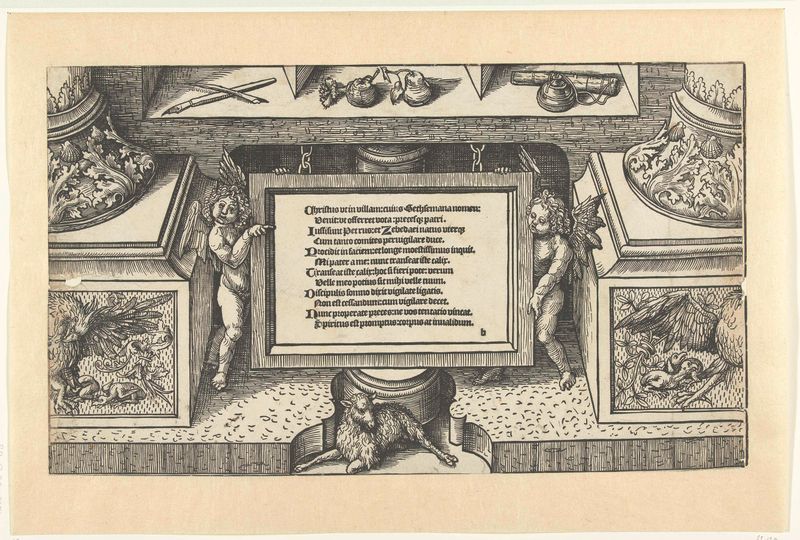 Omlijsting uit een Biblia Pauperum de Jacob Cornelisz van Oostsanen, papel con bordes ornamentales y figuras.