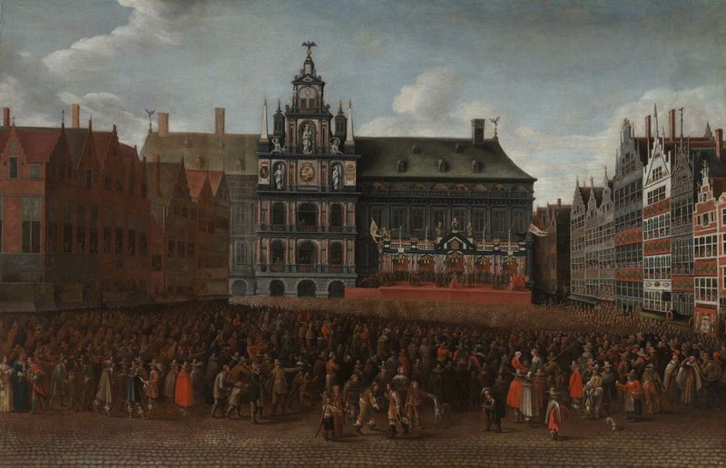 Cena histórica da Proclamação da Paz de Münster por Maximiliaen Pauwels, pintura a óleo.