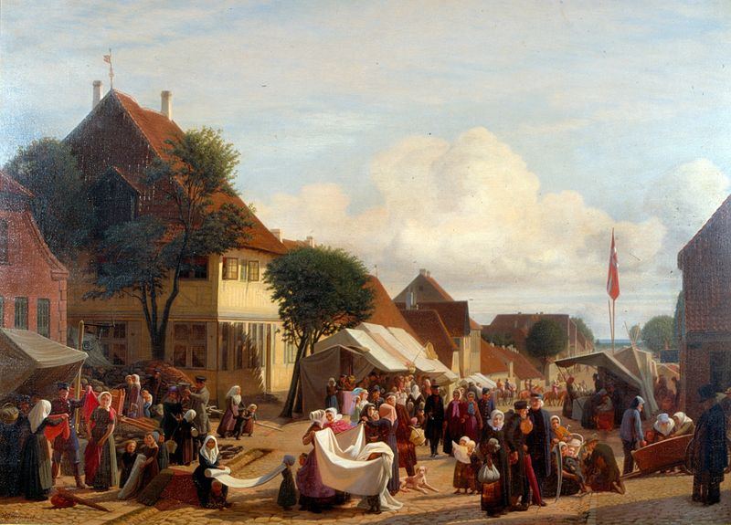 Cena de gênero retratando um dia de mercado com uma mulher e uma multidão, pintura a óleo de Hans Jørgen Hammer