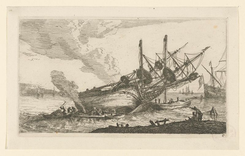 Etching by Reinier Nooms depicting a ship under repair with vibrant blue and green hues.