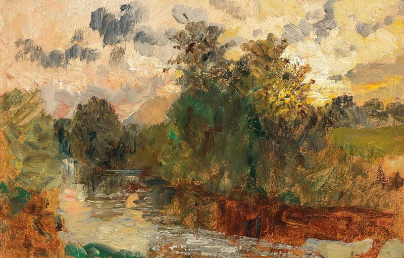 Pintura de paisaje al óleo de Marie Egner que representa aguas tranquilas y reflejos.