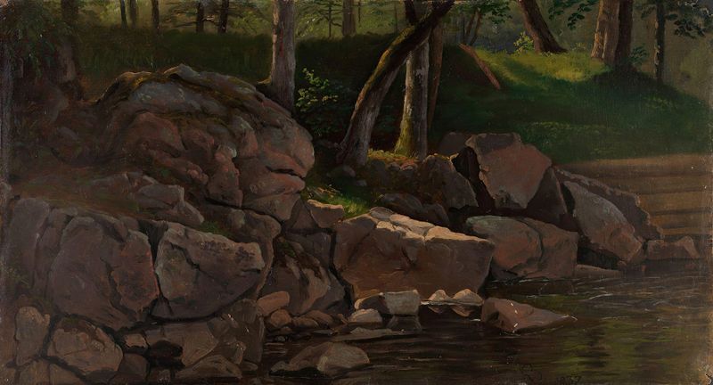 Study of Rocks de Knud Baade, óleo sobre lienzo, que representa rocas texturizadas en un paisaje apagado.
