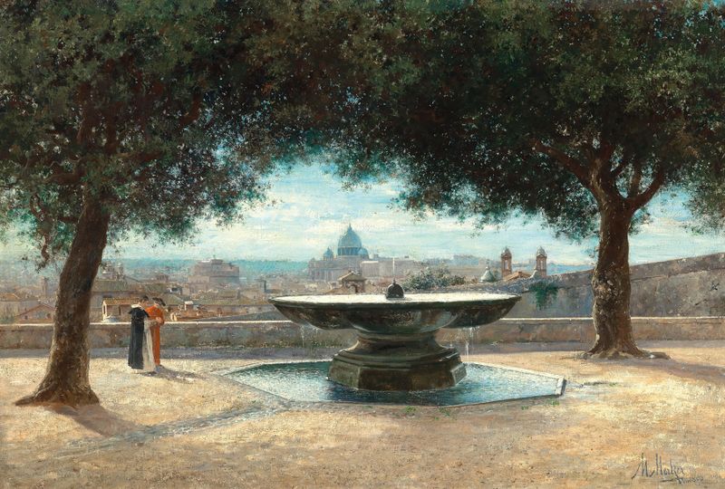 Paisaje impresionista de Max Merker que representa una ciudad con una fuente y colores vibrantes.