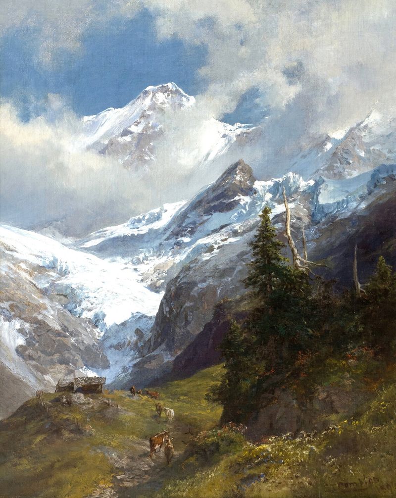Hochgebirgslandschaft mit Gletscher by Edward Theodore Compton, oil on canvas depicting a glacier and mountains.