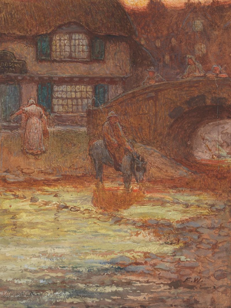 Evening in the village de Frederick Walker, realismo, retrata uma figura em uma vila ao crepúsculo.