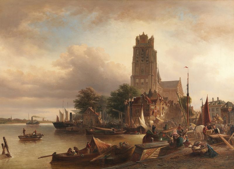 Dordrecht by Elias Pieter van Bommel, oil on canvas depicting a river and village at sunset.